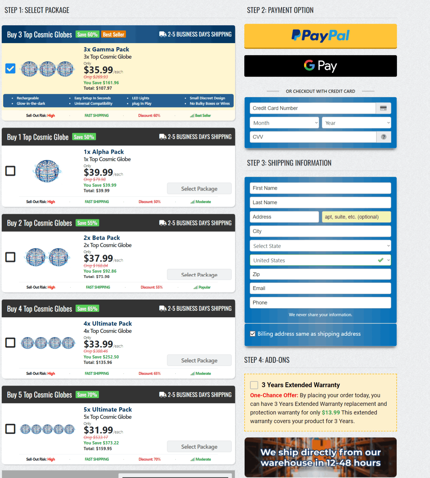 Cosmic Globe checkout page